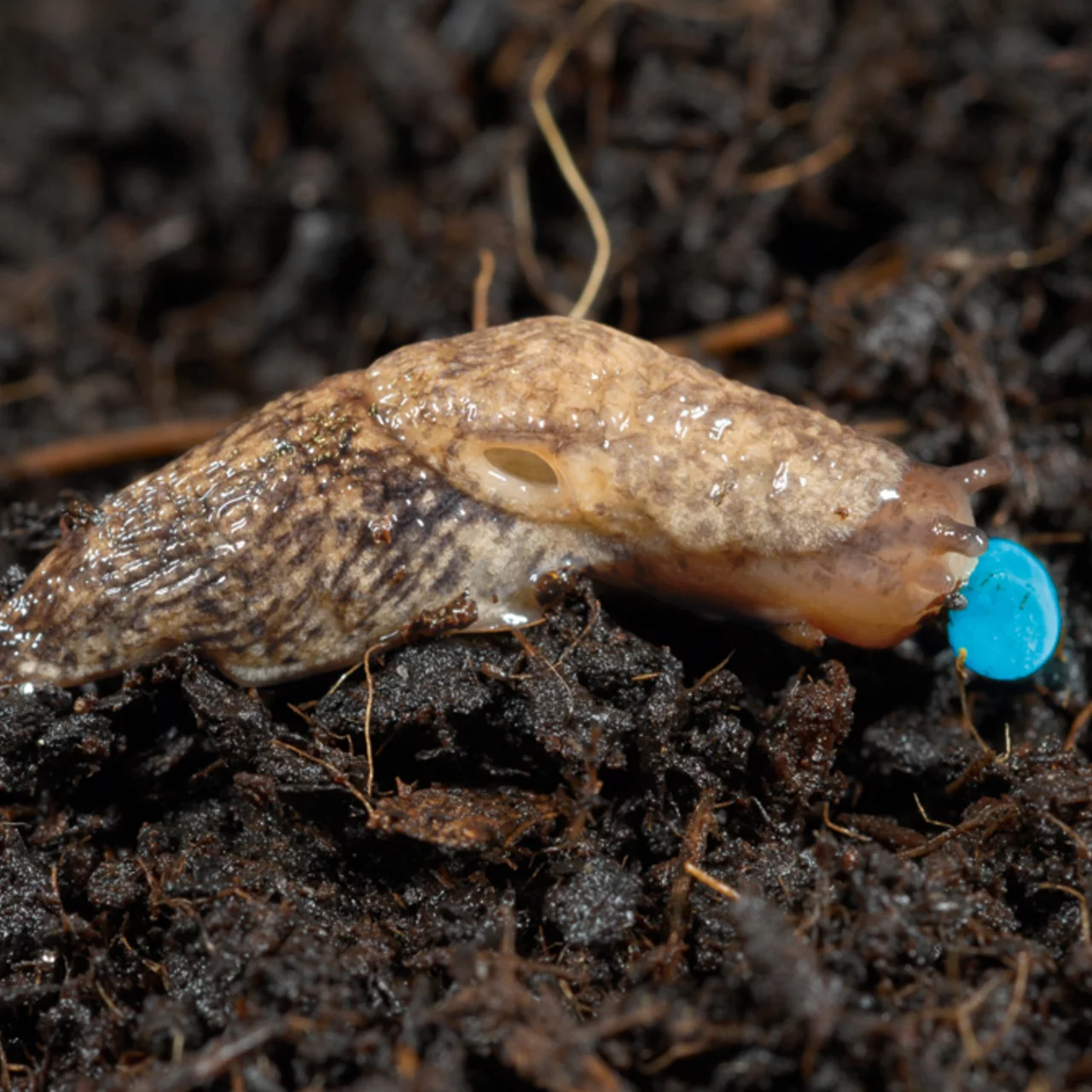 Nacktschnecke beim Fressen von Sluxx HP Schneckenkorn 